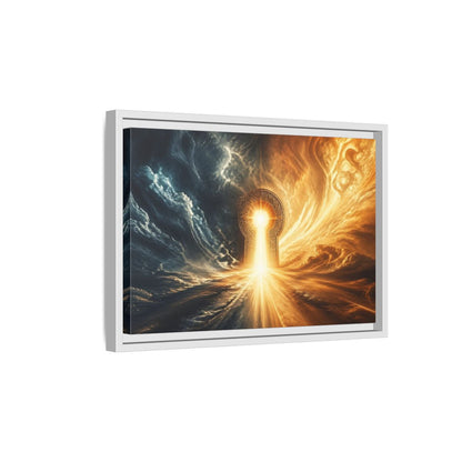 Side Mockup 4. Abstract Golden Keyhole Blue And Gold shown as stretched canvas wall art