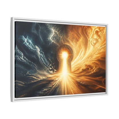 Side Mockup 10. Abstract Golden Keyhole Blue And Gold shown as stretched canvas wall art