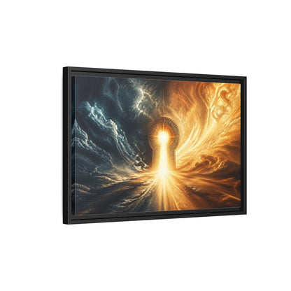 Side Mockup 3. Abstract Golden Keyhole Blue And Gold shown as stretched canvas wall art