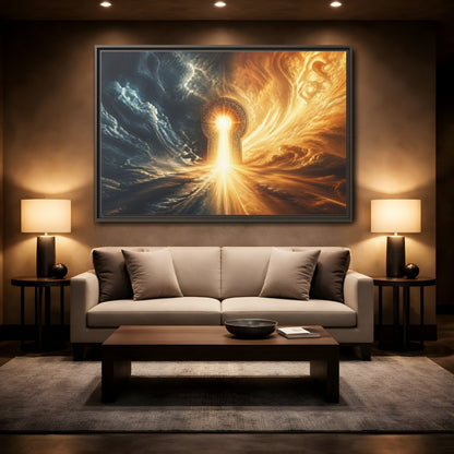 Mockup 2. Abstract Golden Keyhole Blue And Gold shown as stretched canvas wall art