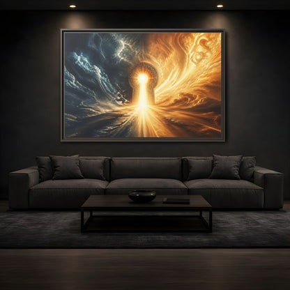 Mockup 3. Abstract Golden Keyhole Blue And Gold shown as stretched canvas wall art
