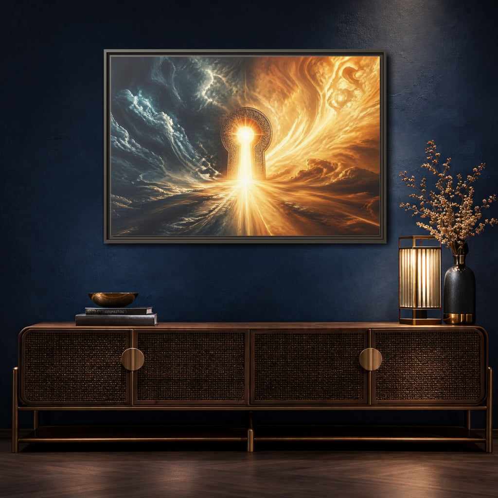 Mockup 4. Abstract Golden Keyhole Blue And Gold shown as stretched canvas wall art