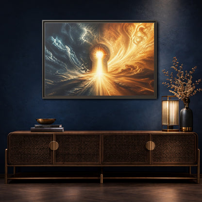 Mockup 4. Abstract Golden Keyhole Blue And Gold shown as stretched canvas wall art