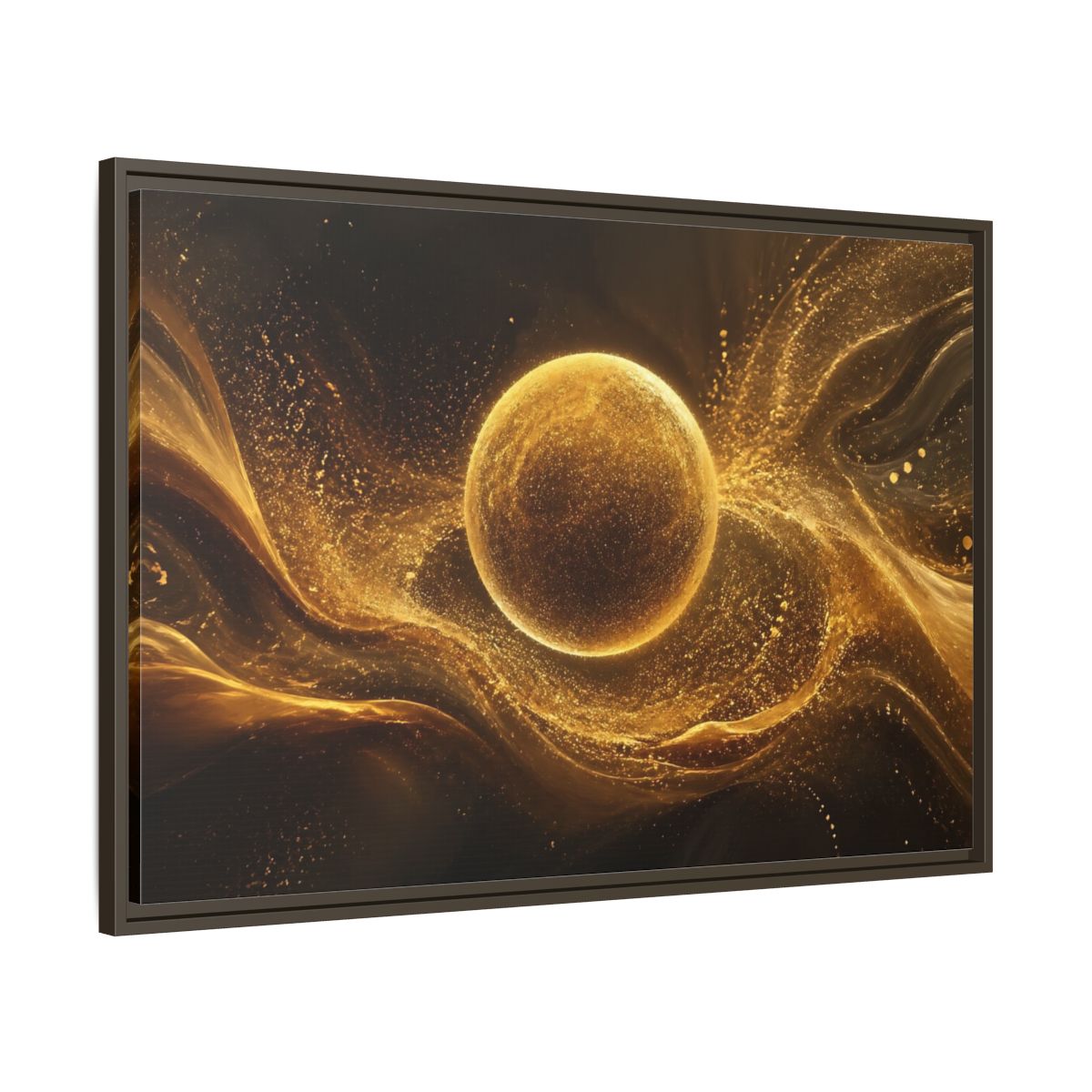 Main Mockup. Abstract Golden Sphere Gold Abstract shown as stretched canvas wall art