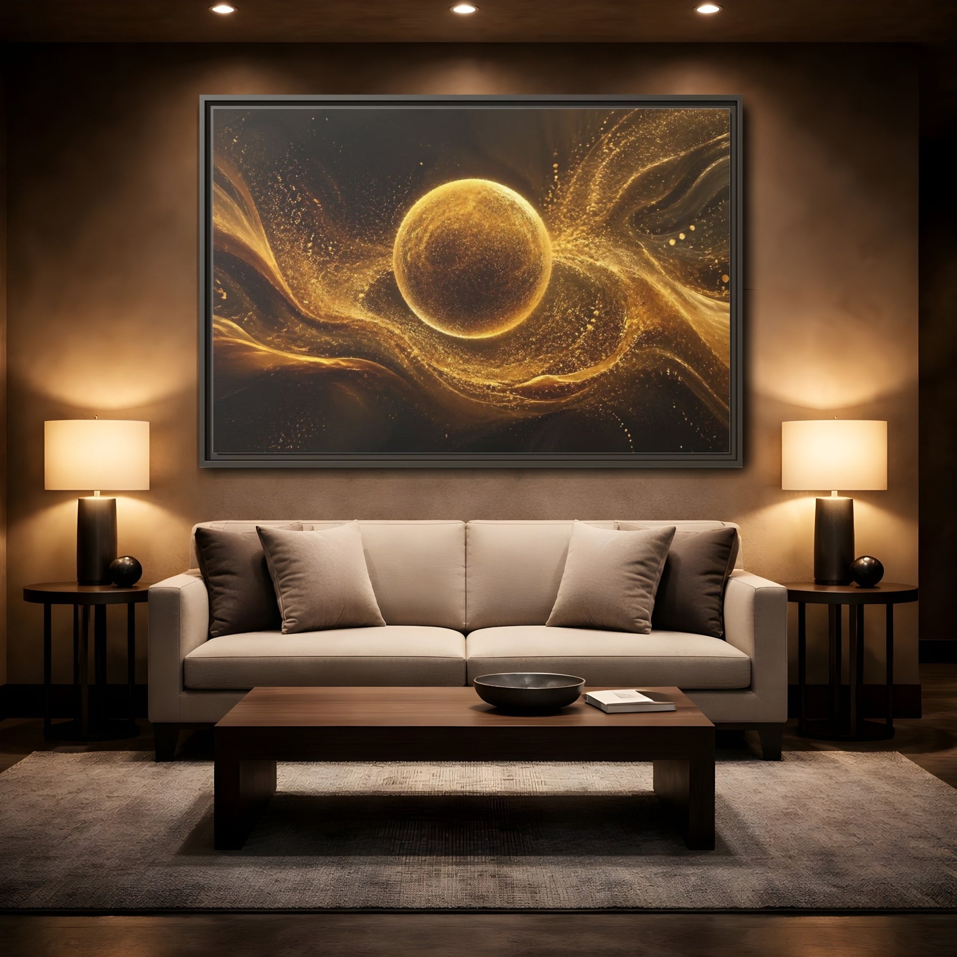 Mockup 2. Abstract Golden Sphere Gold Abstract shown as stretched canvas wall art