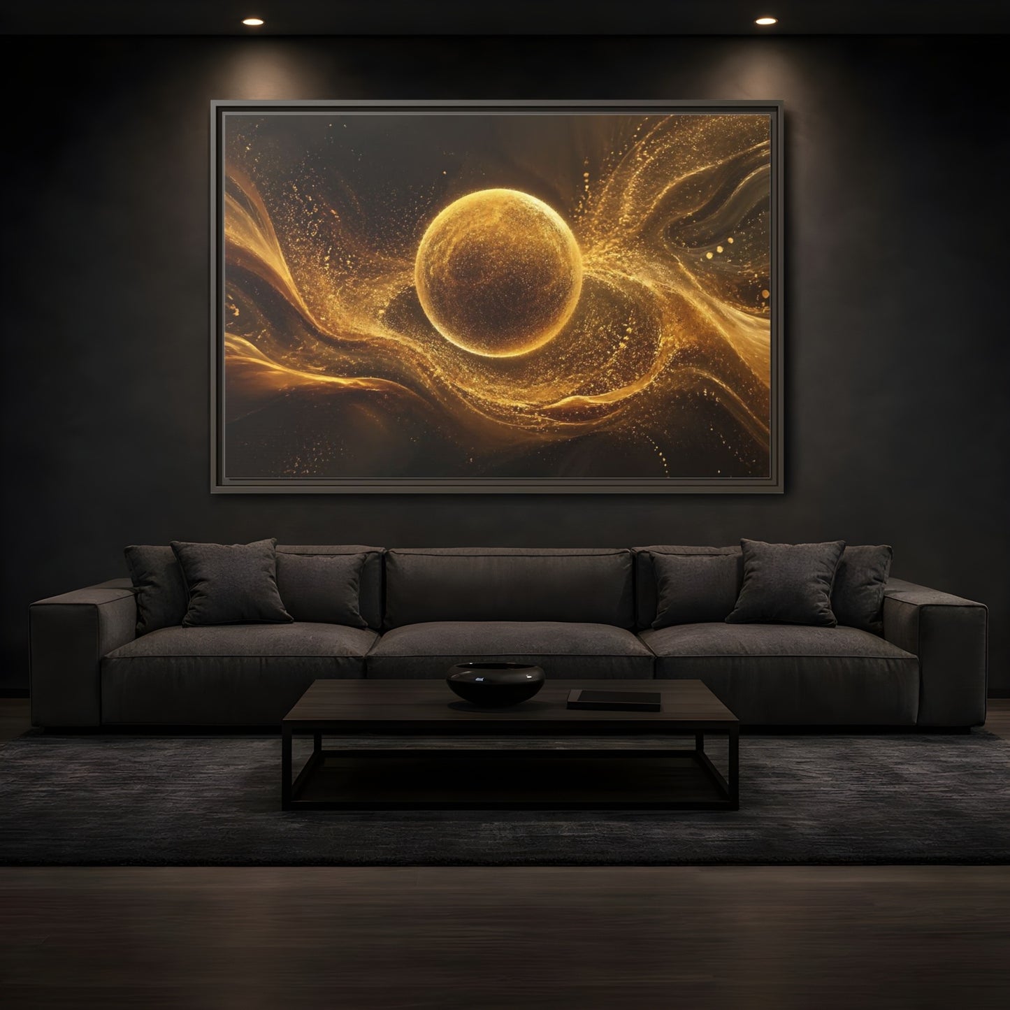 Mockup 3. Abstract Golden Sphere Gold Abstract shown as stretched canvas wall art