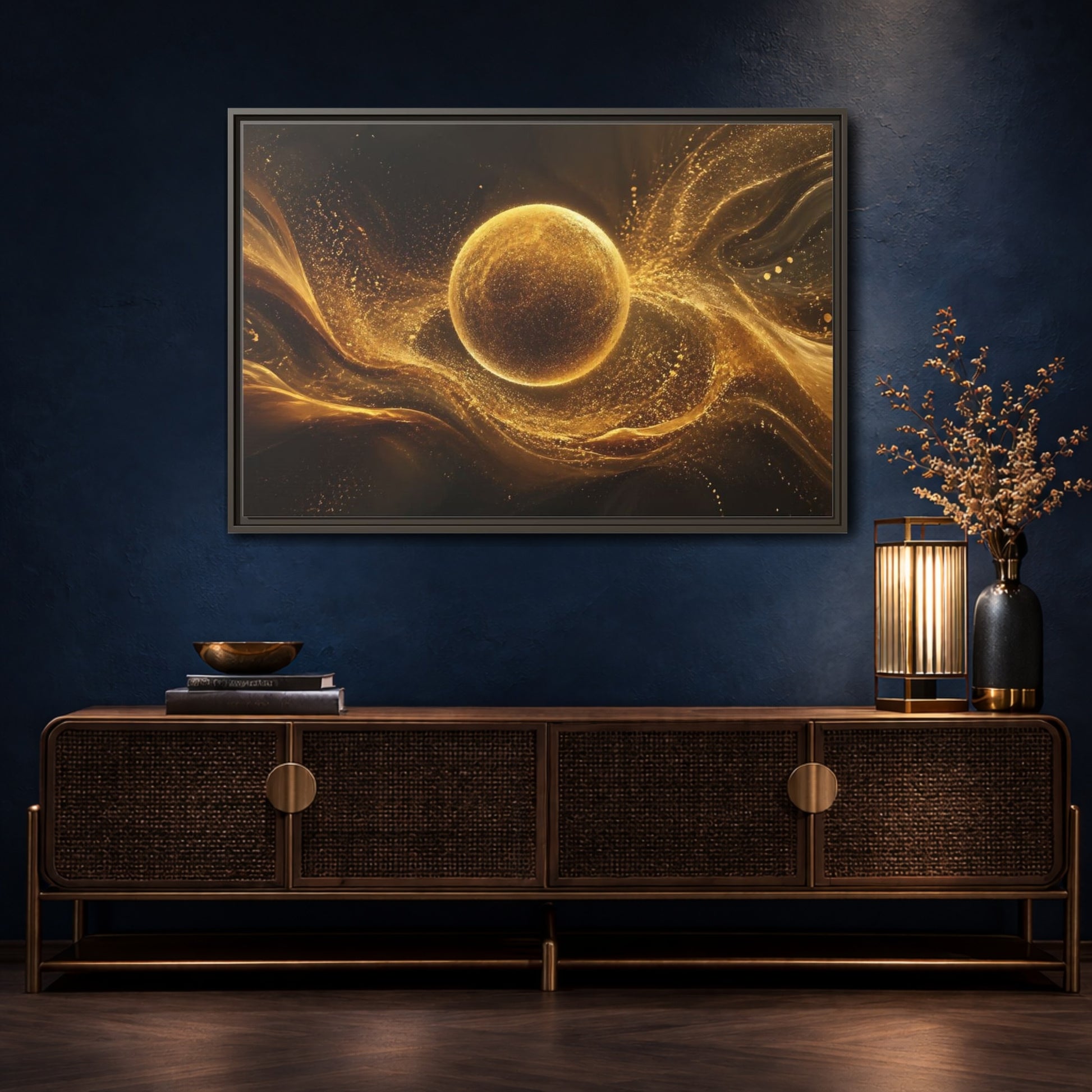Mockup 4. Abstract Golden Sphere Gold Abstract shown as stretched canvas wall art