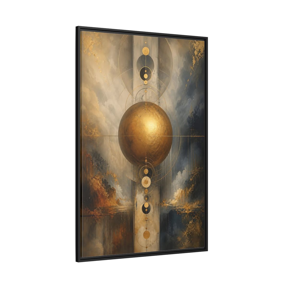 Side Mockup 12. Abstract Golden Sphere Gold And Gray shown as stretched canvas wall art