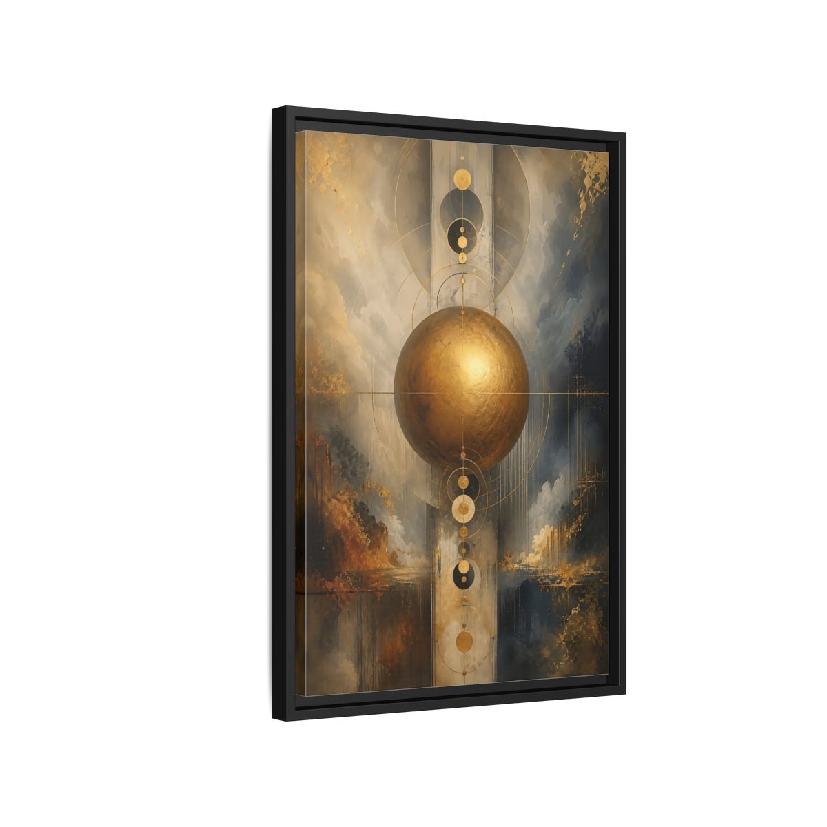 Side Mockup 3. Abstract Golden Sphere Gold And Gray shown as stretched canvas wall art
