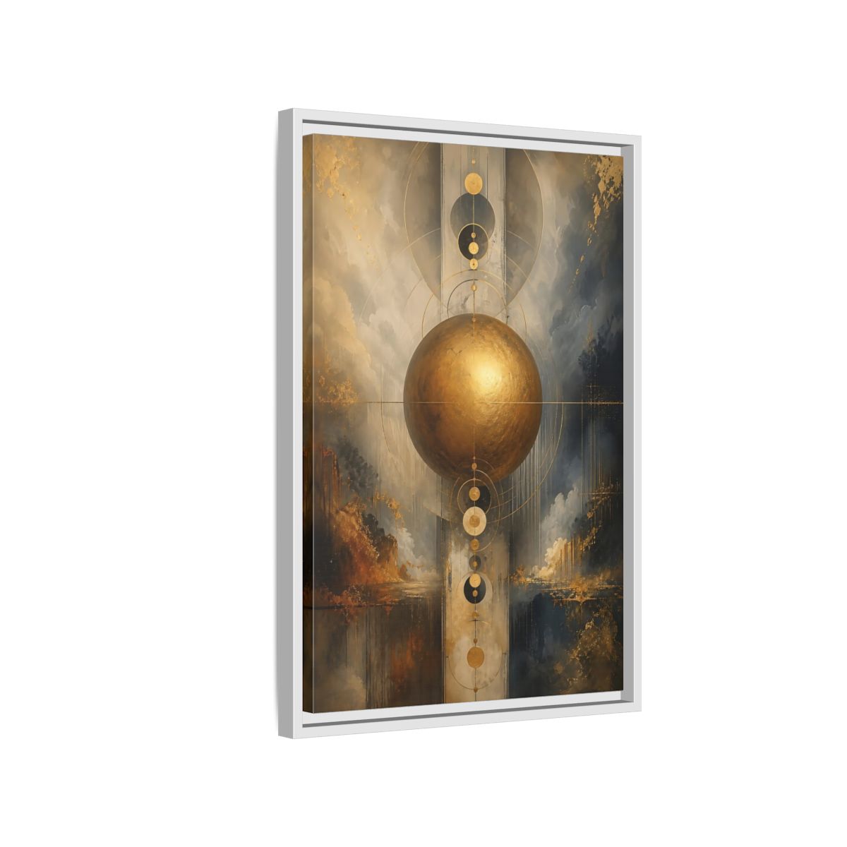 Side Mockup 1. Abstract Golden Sphere Gold And Gray shown as stretched canvas wall art