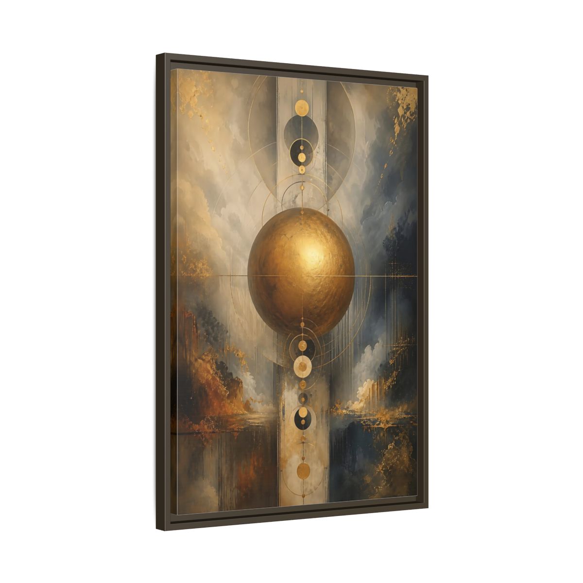 Side Mockup 11. Abstract Golden Sphere Gold And Gray shown as stretched canvas wall art