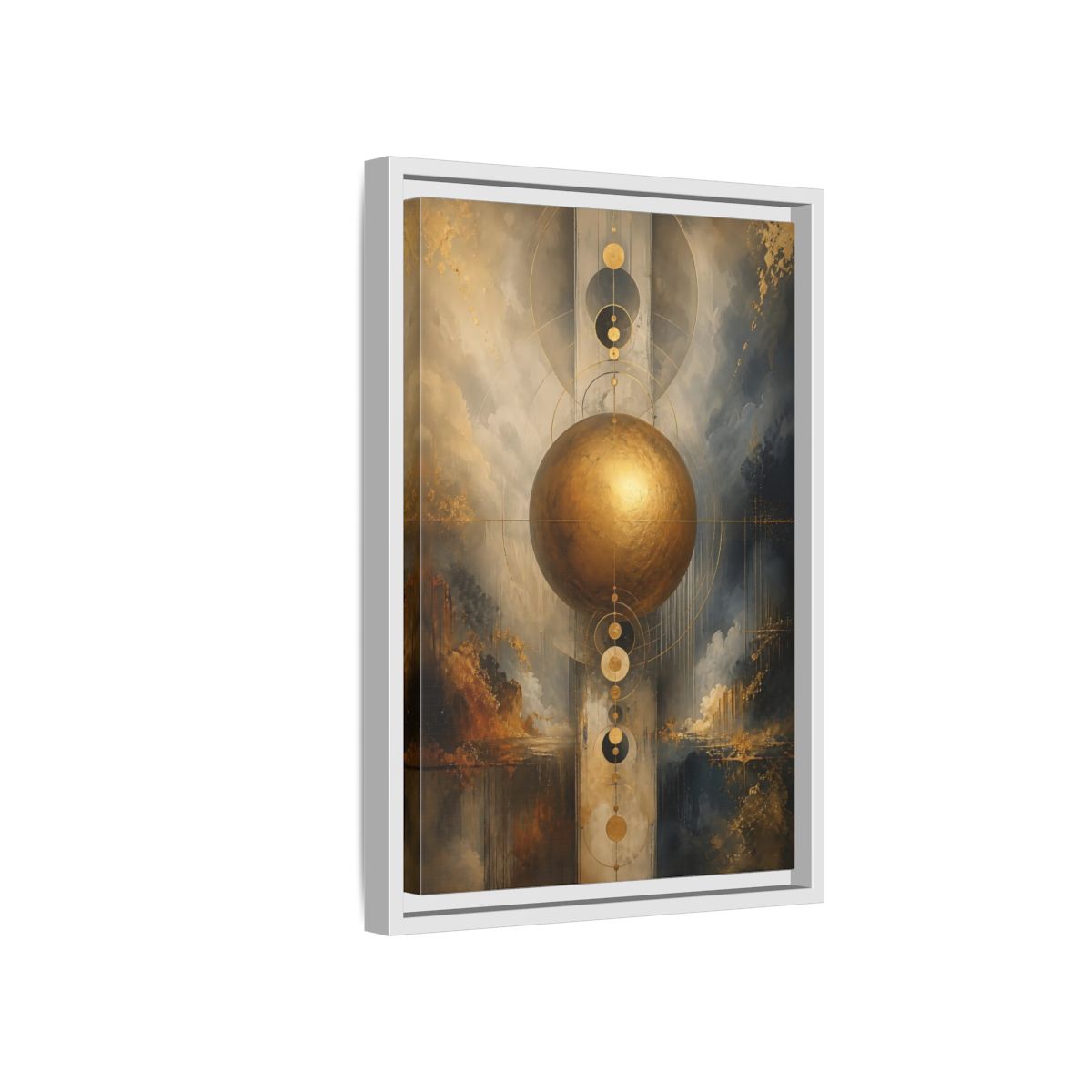 Side Mockup 4. Abstract Golden Sphere Gold And Gray shown as stretched canvas wall art