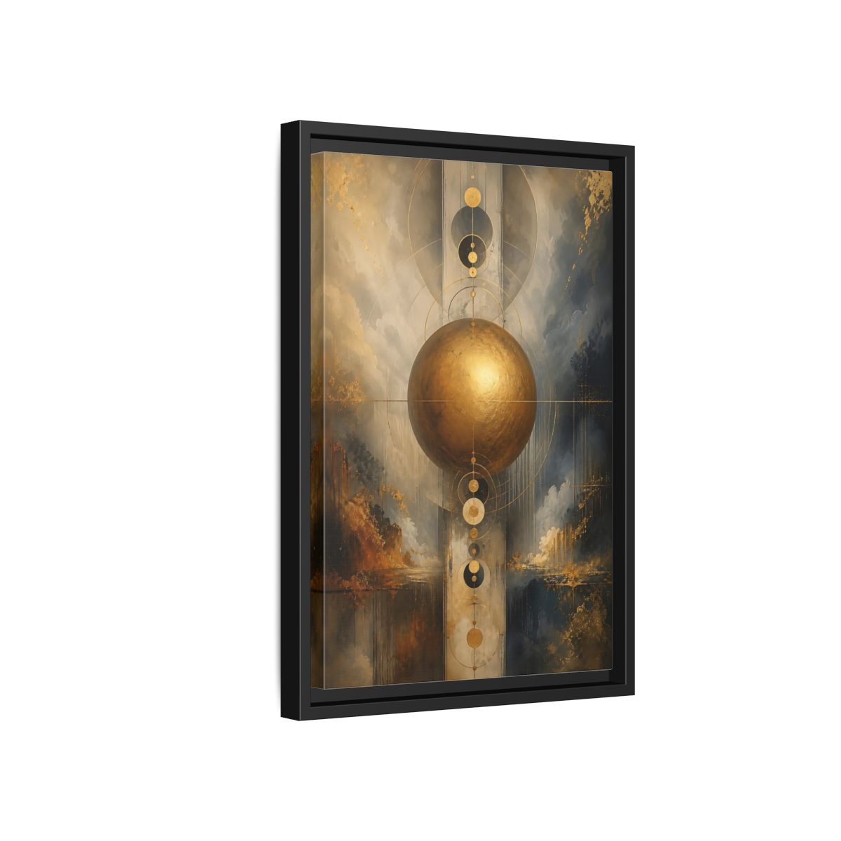 Side Mockup 6. Abstract Golden Sphere Gold And Gray shown as stretched canvas wall art