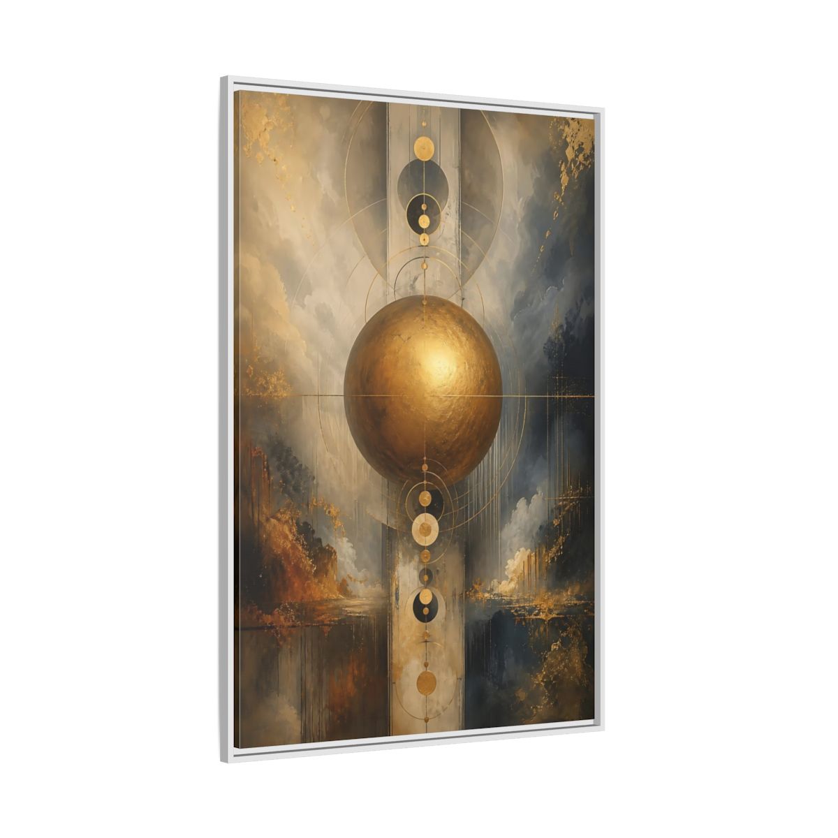 Side Mockup 7. Abstract Golden Sphere Gold And Gray shown as stretched canvas wall art