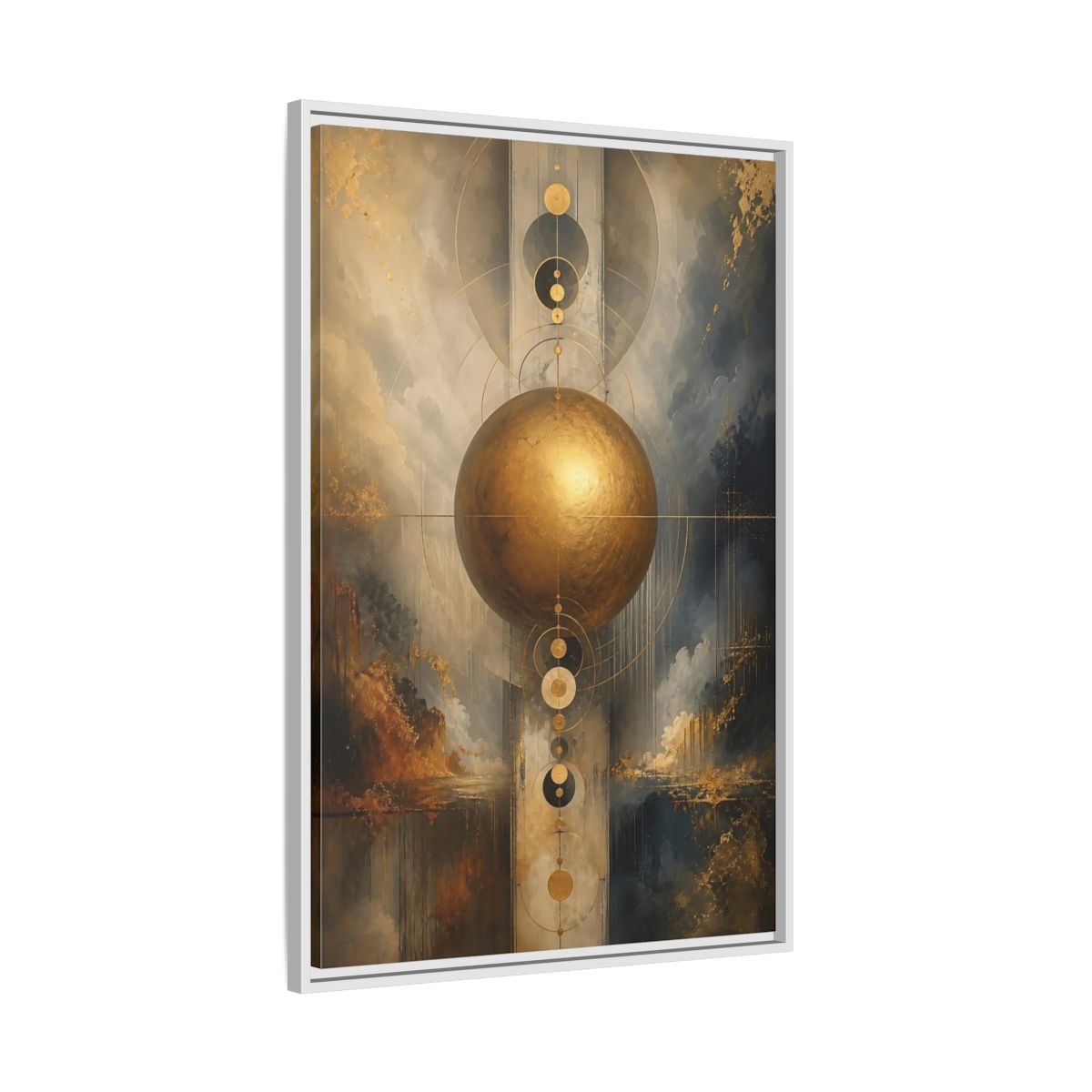 Side Mockup 9. Abstract Golden Sphere Gold And Gray shown as stretched canvas wall art