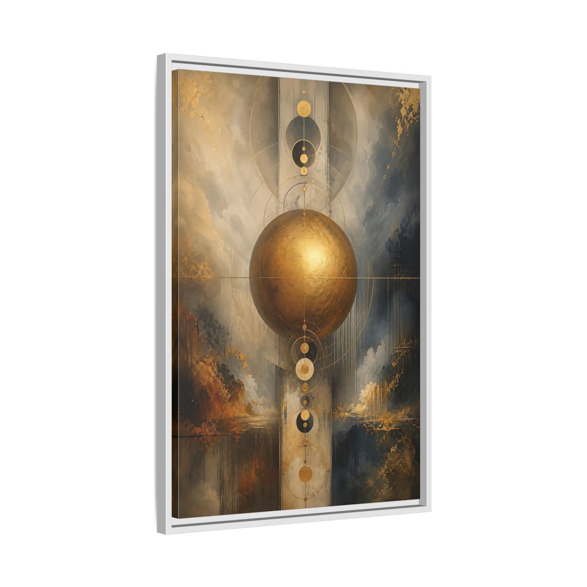 Side Mockup 10. Abstract Golden Sphere Gold And Gray shown as stretched canvas wall art
