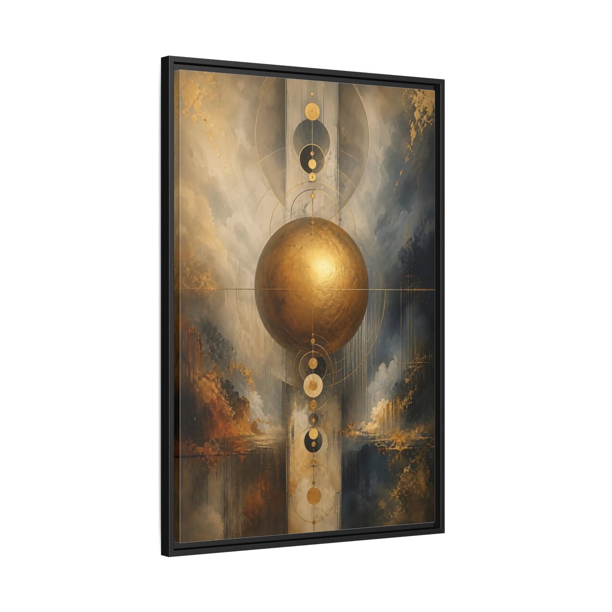 Side Mockup 13. Abstract Golden Sphere Gold And Gray shown as stretched canvas wall art
