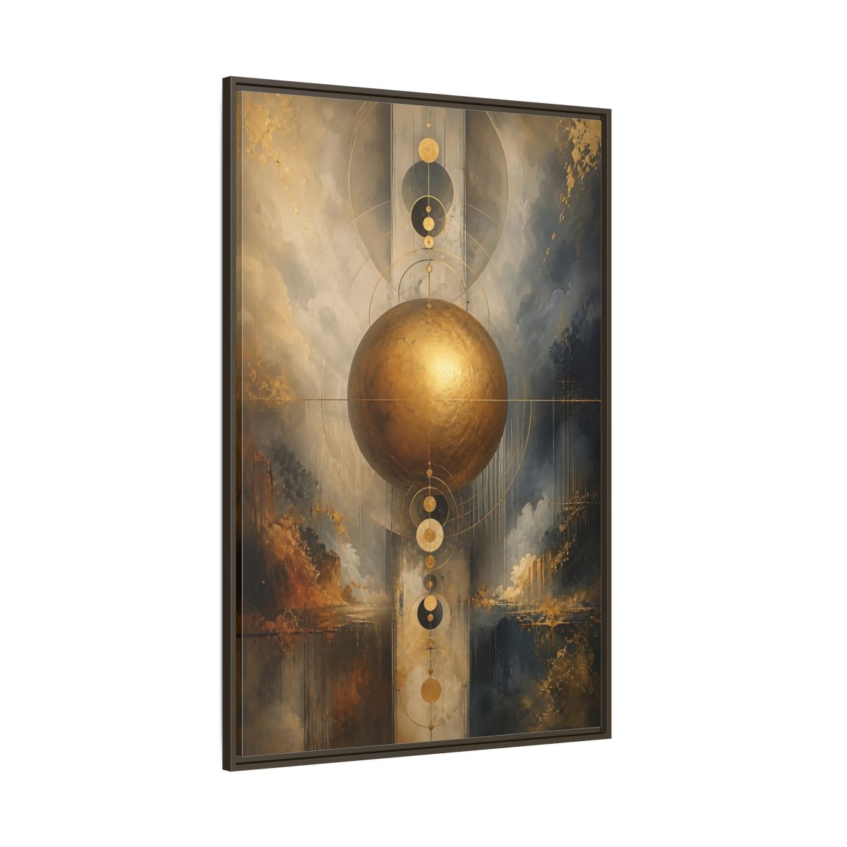 Side Mockup 8. Abstract Golden Sphere Gold And Gray shown as stretched canvas wall art