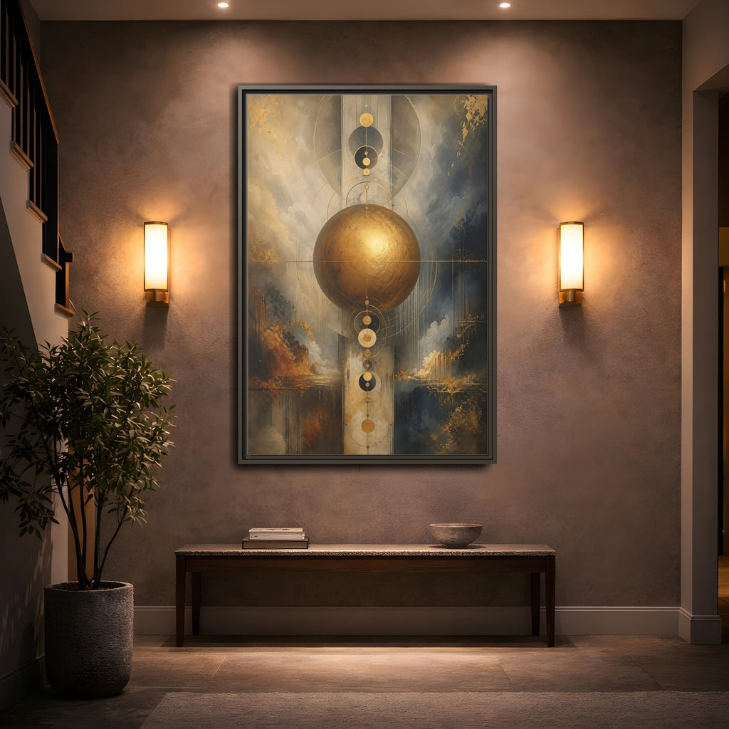 Mockup 2. Abstract Golden Sphere Gold And Gray shown as stretched canvas wall art