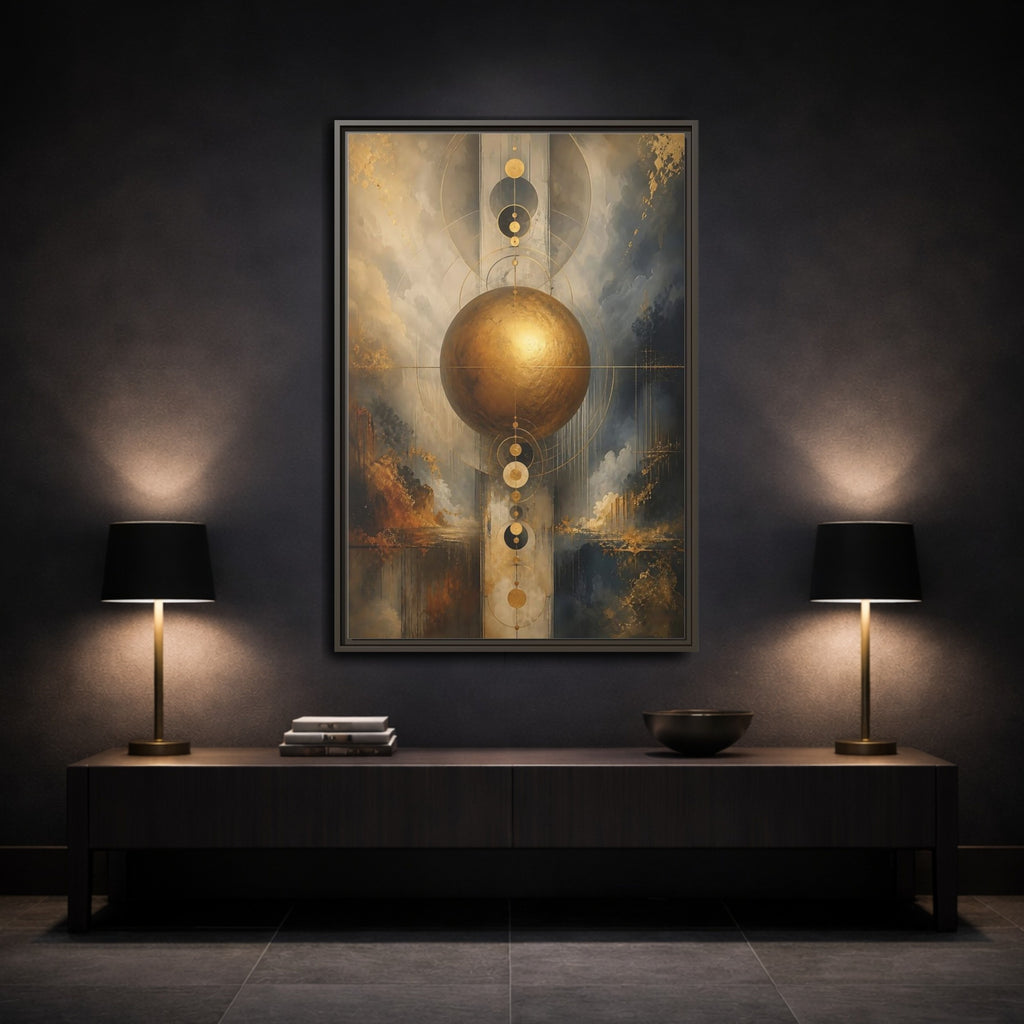 Mockup 3. Abstract Golden Sphere Gold And Gray shown as stretched canvas wall art