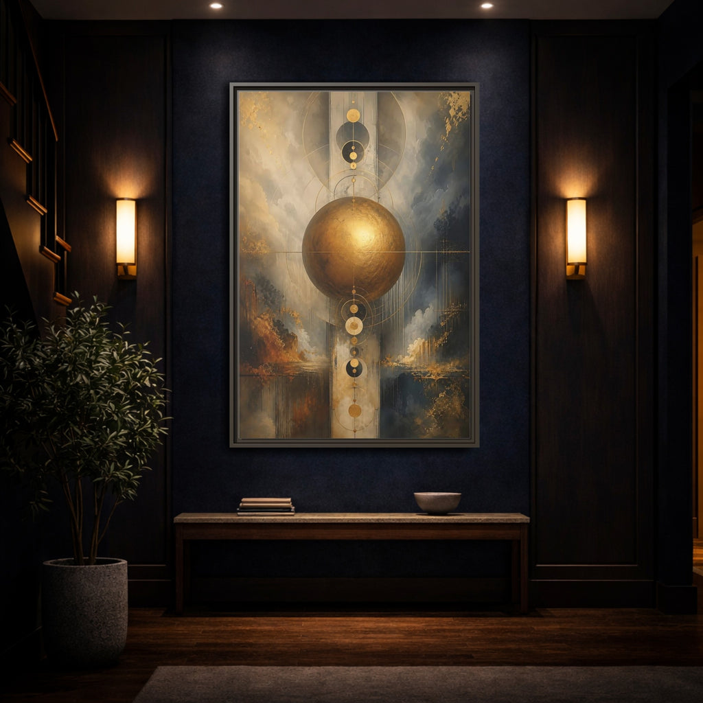 Mockup 4. Abstract Golden Sphere Gold And Gray shown as stretched canvas wall art