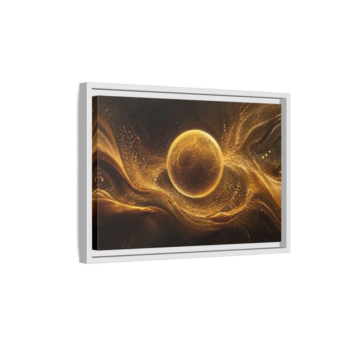 Side Mockup 4. Abstract Golden Sphere Gold Abstract shown as stretched canvas wall art