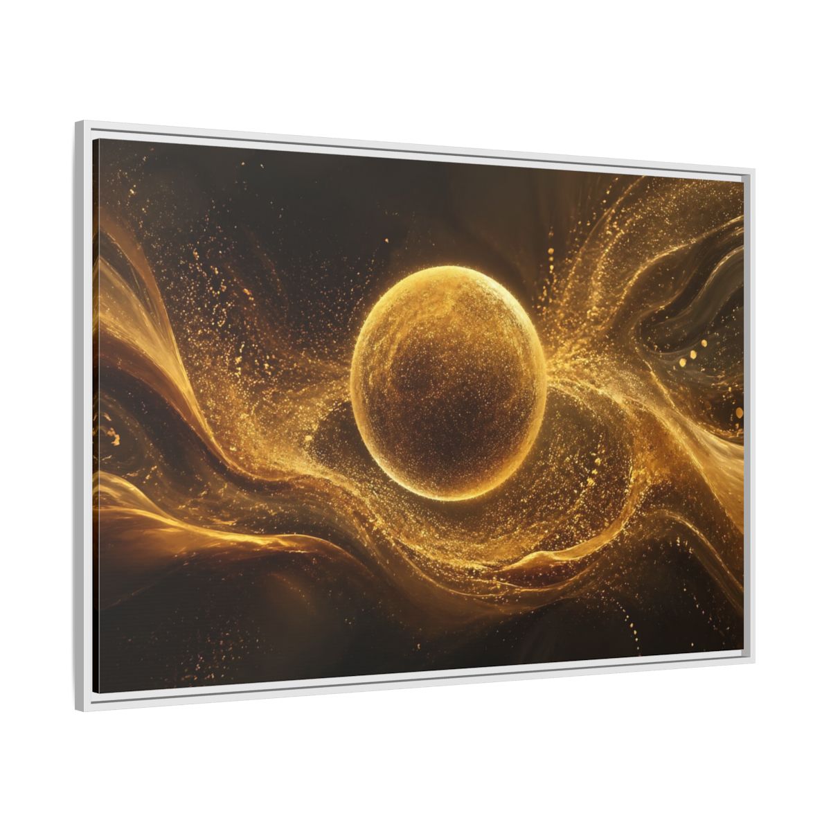 Side Mockup 7. Abstract Golden Sphere Gold Abstract shown as stretched canvas wall art