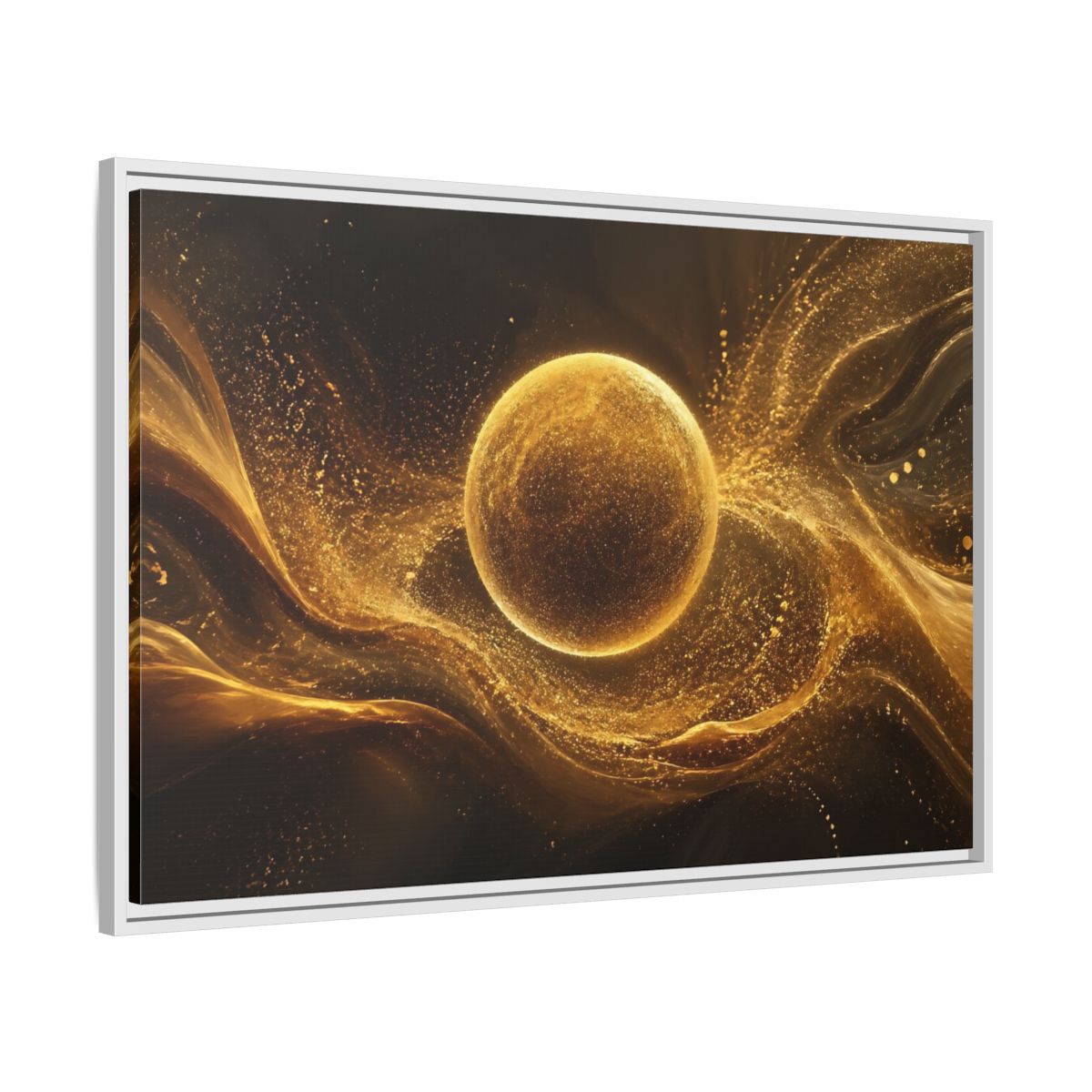 Side Mockup 9. Abstract Golden Sphere Gold Abstract shown as stretched canvas wall art