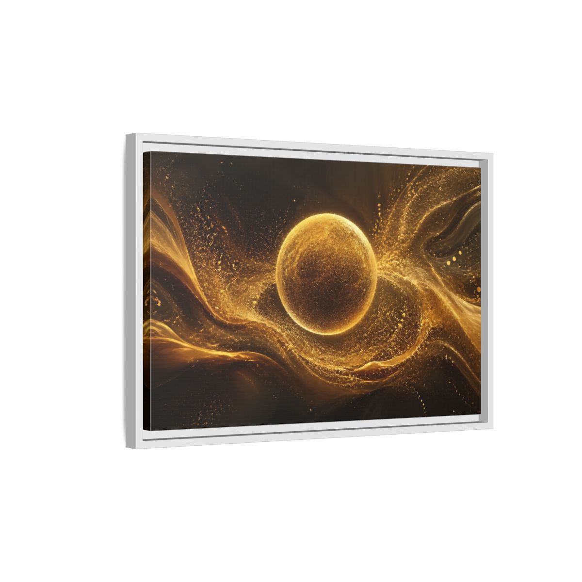 Side Mockup 1. Abstract Golden Sphere Gold Abstract shown as stretched canvas wall art