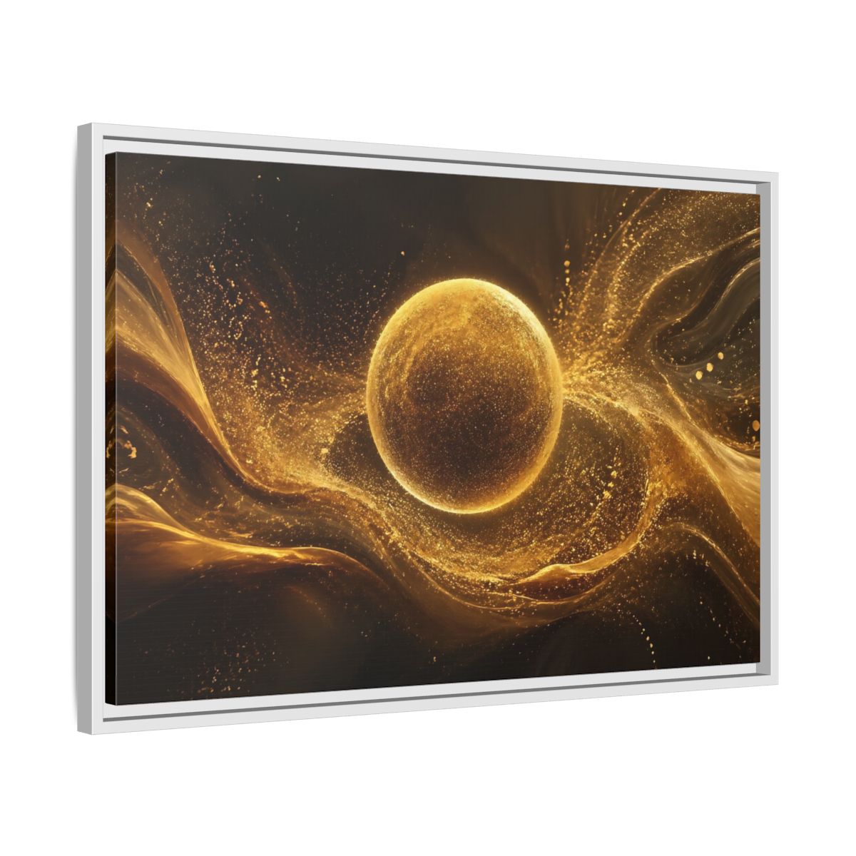 Side Mockup 10. Abstract Golden Sphere Gold Abstract shown as stretched canvas wall art