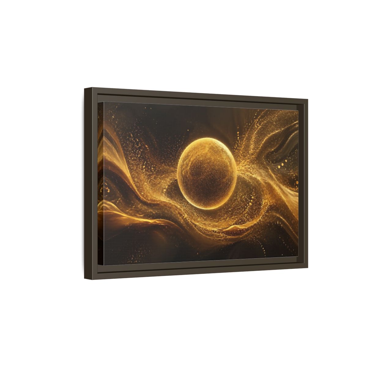 Side Mockup 5. Abstract Golden Sphere Gold Abstract shown as stretched canvas wall art
