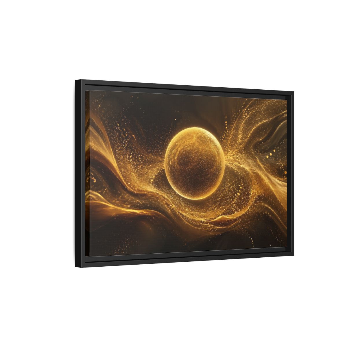 Side Mockup 3. Abstract Golden Sphere Gold Abstract shown as stretched canvas wall art