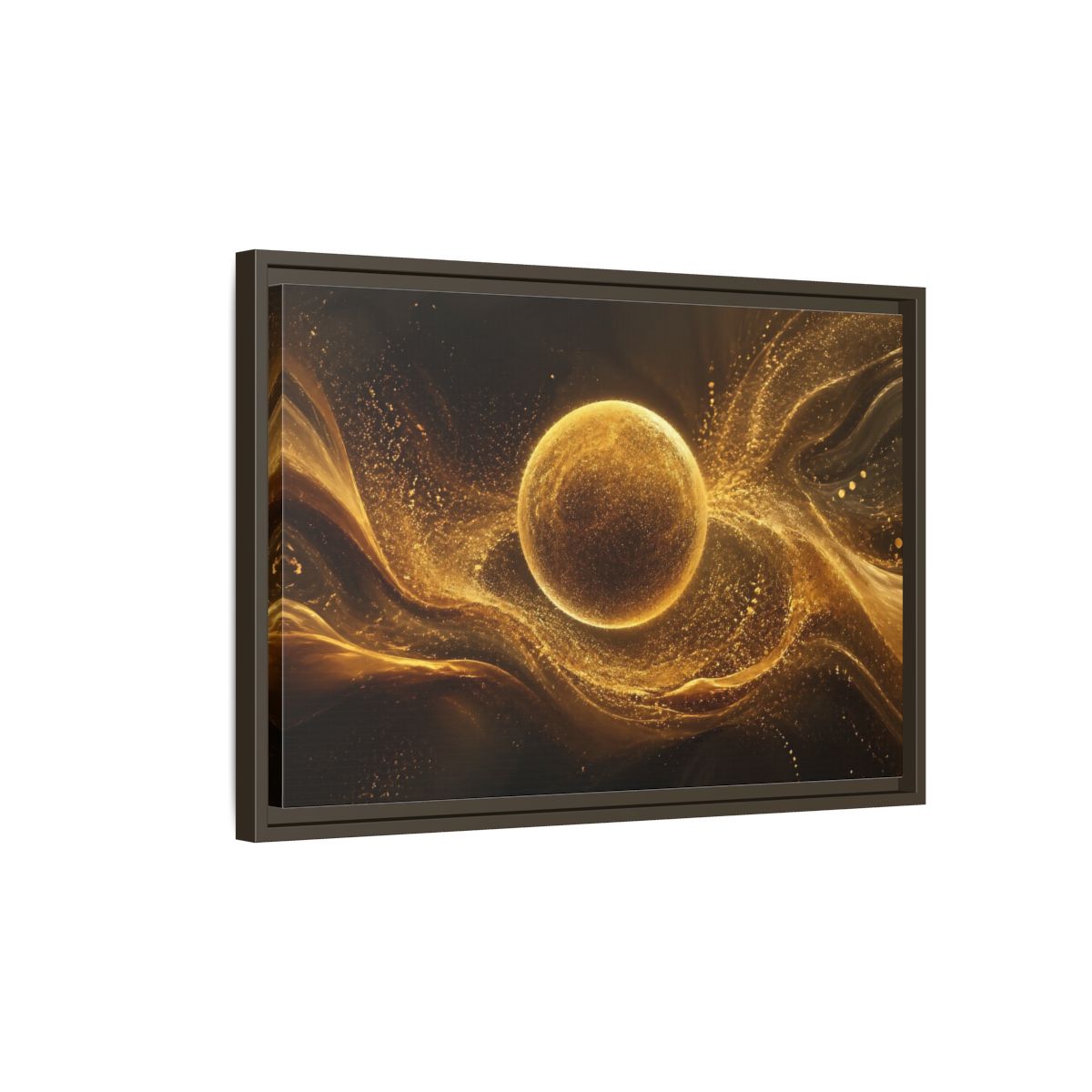 Side Mockup 2. Abstract Golden Sphere Gold Abstract shown as stretched canvas wall art
