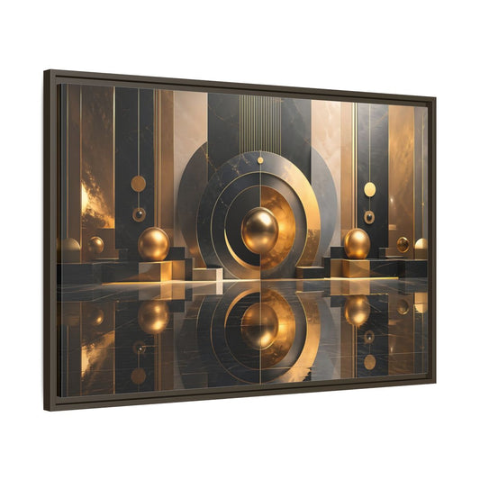 Main Mockup. Abstract Golden Spheres Black And Gold shown as stretched canvas wall art