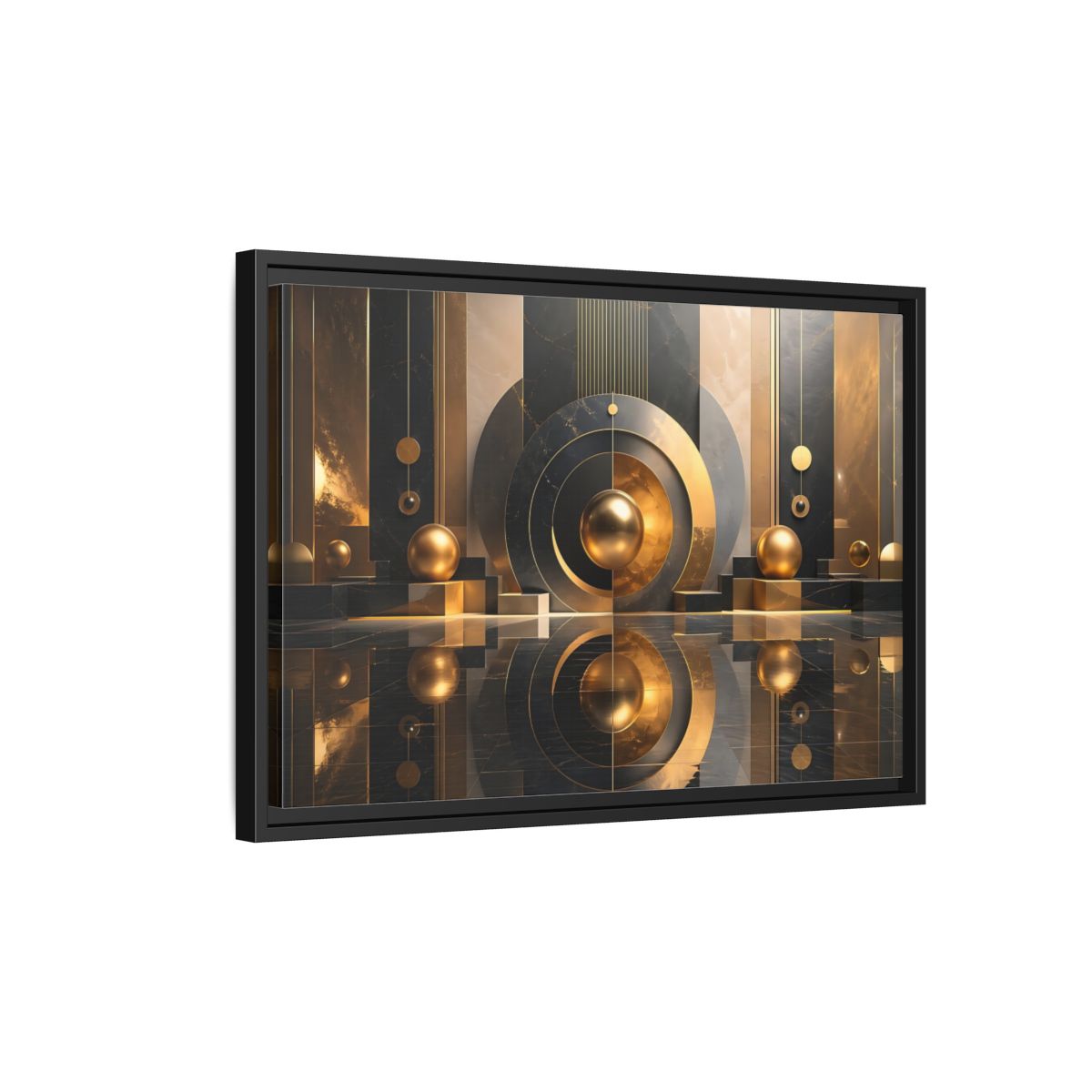 Side Mockup 3. Abstract Golden Spheres Black And Gold shown as stretched canvas wall art