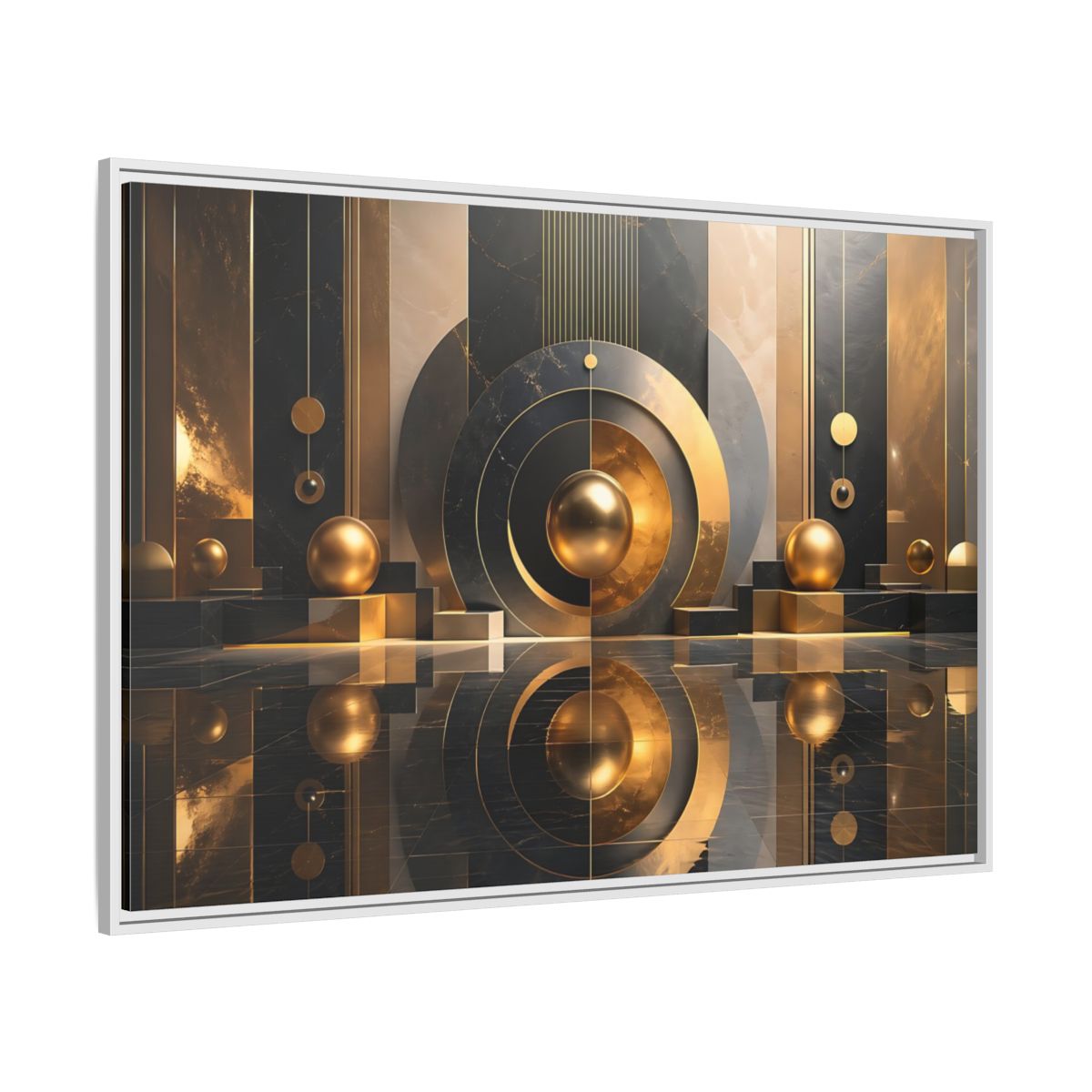 Side Mockup 7. Abstract Golden Spheres Black And Gold shown as stretched canvas wall art