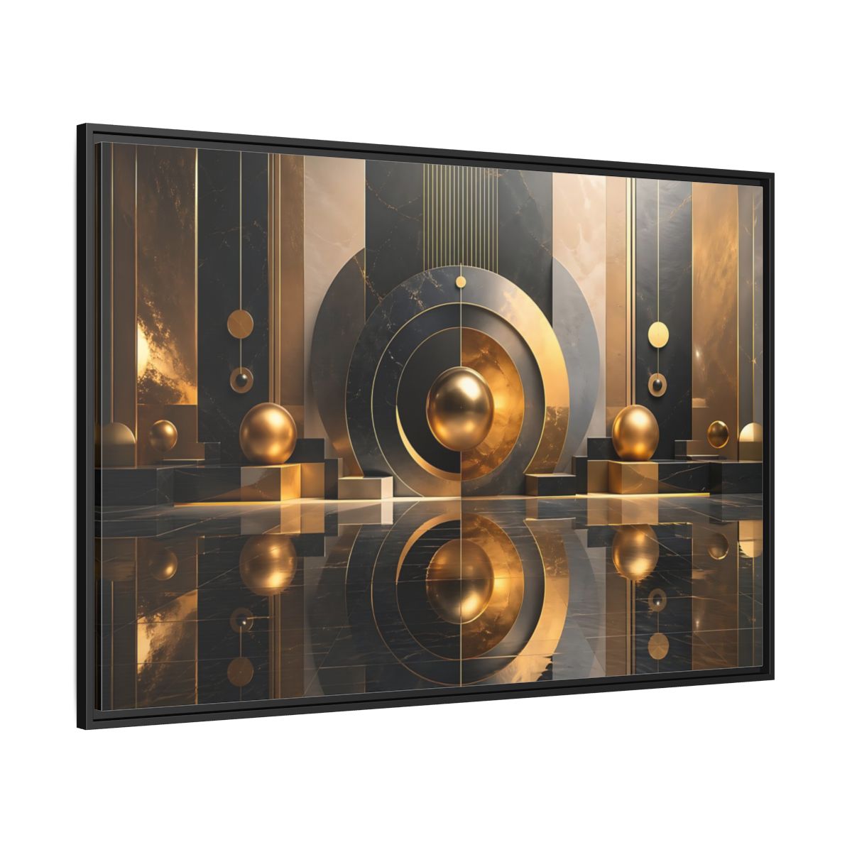 Side Mockup 12. Abstract Golden Spheres Black And Gold shown as stretched canvas wall art