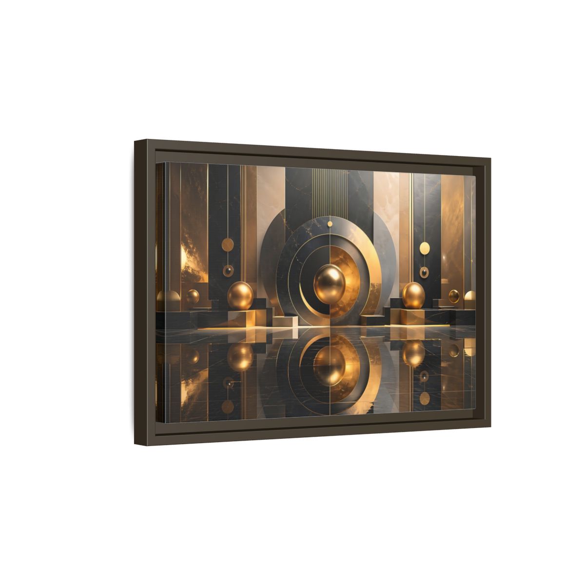 Side Mockup 5. Abstract Golden Spheres Black And Gold shown as stretched canvas wall art