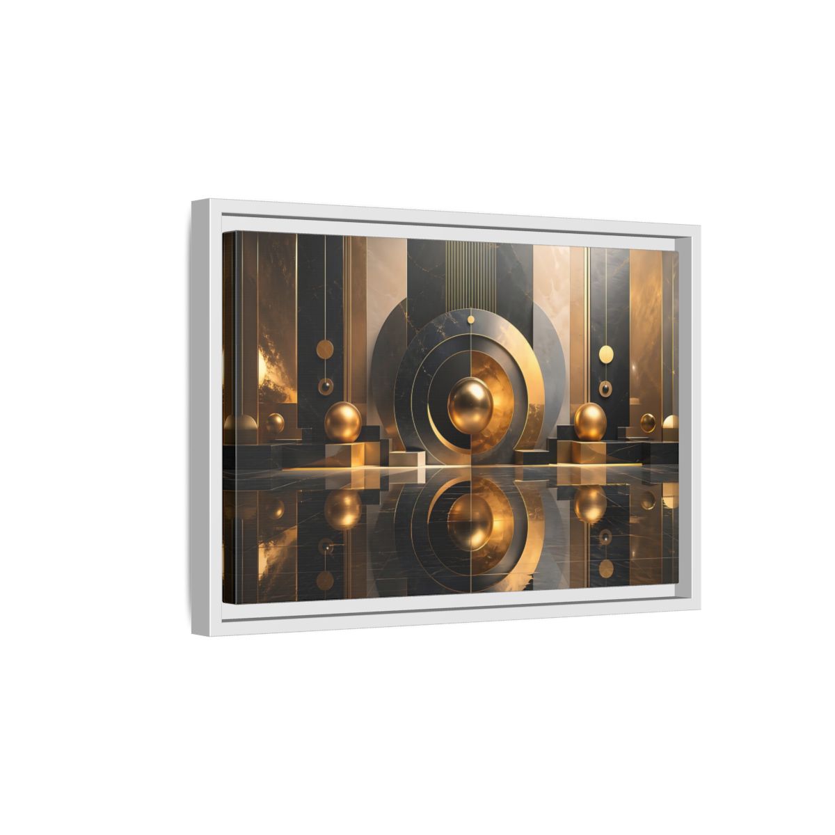 Side Mockup 4. Abstract Golden Spheres Black And Gold shown as stretched canvas wall art