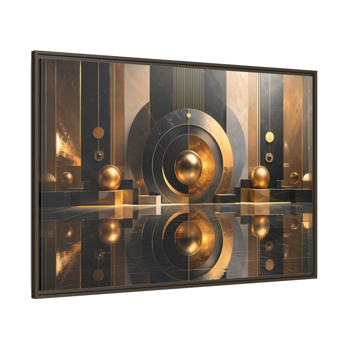 Side Mockup 8. Abstract Golden Spheres Black And Gold shown as stretched canvas wall art