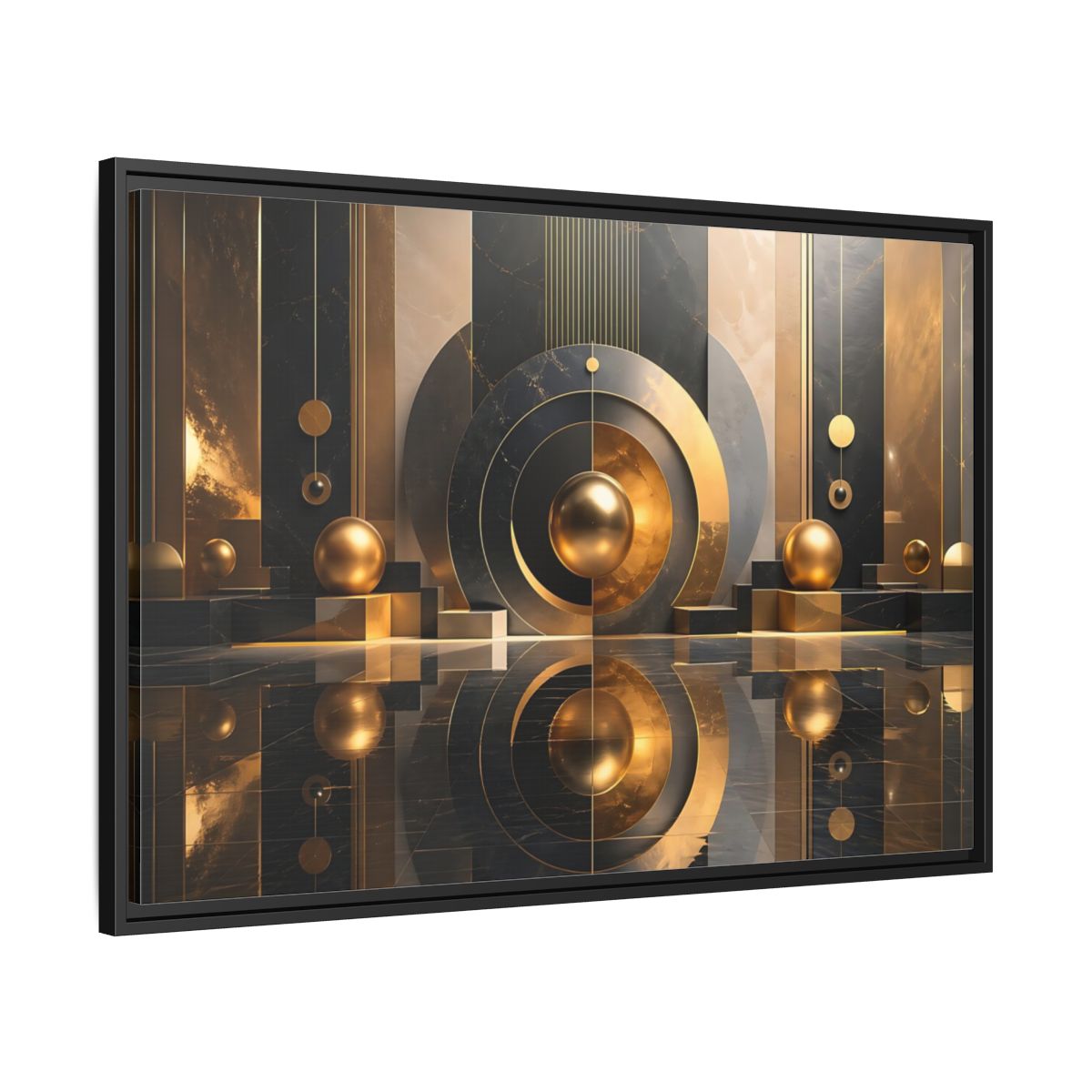 Side Mockup 13. Abstract Golden Spheres Black And Gold shown as stretched canvas wall art
