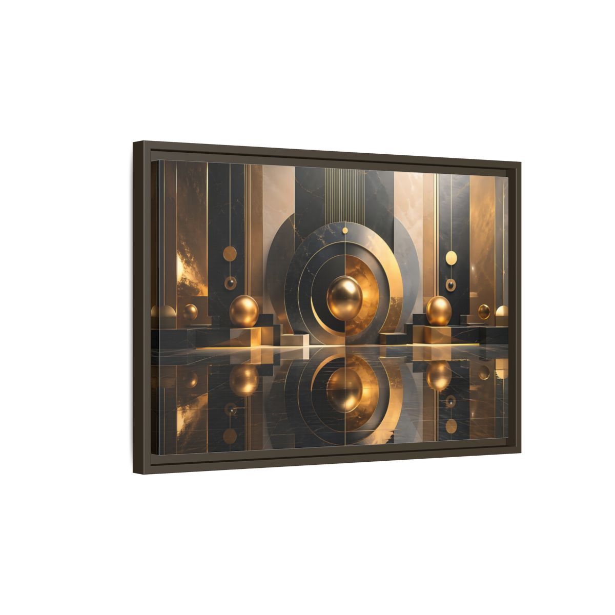 Side Mockup 2. Abstract Golden Spheres Black And Gold shown as stretched canvas wall art
