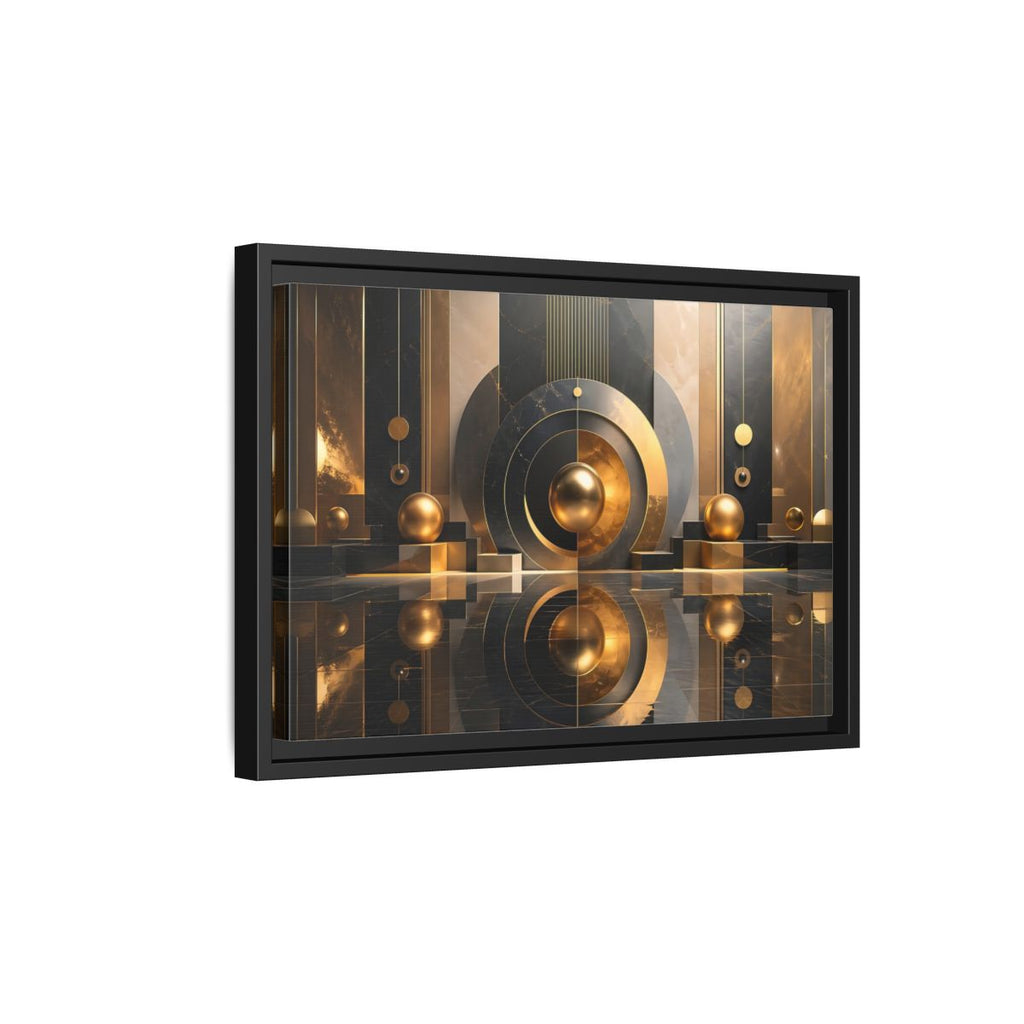 Side Mockup 6. Abstract Golden Spheres Black And Gold shown as stretched canvas wall art
