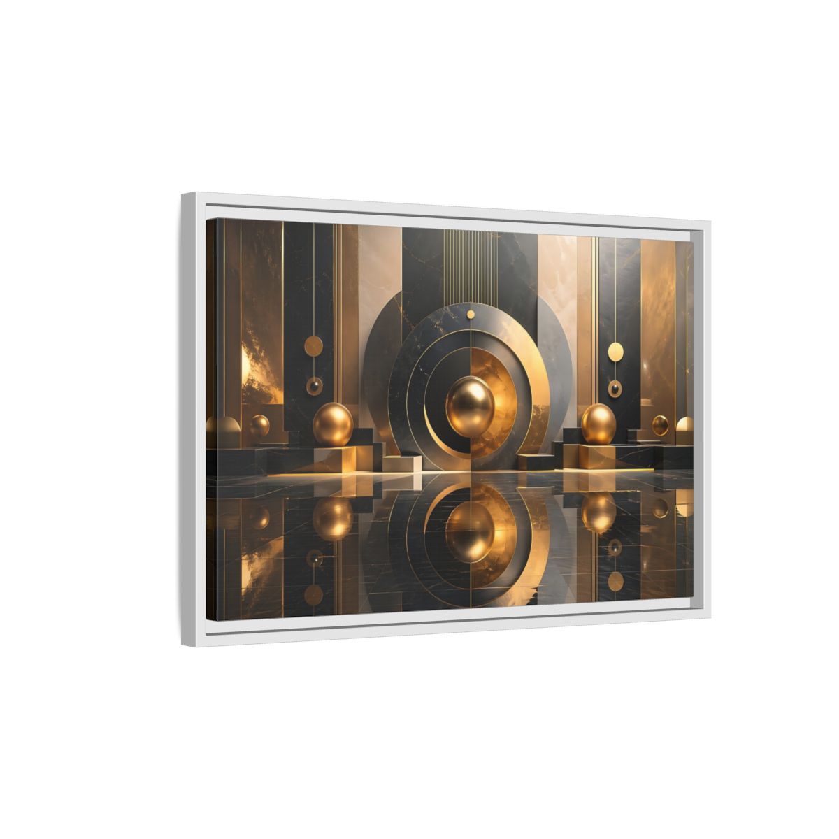 Side Mockup 1. Abstract Golden Spheres Black And Gold shown as stretched canvas wall art