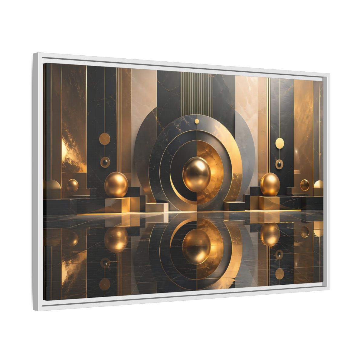 Side Mockup 9. Abstract Golden Spheres Black And Gold shown as stretched canvas wall art