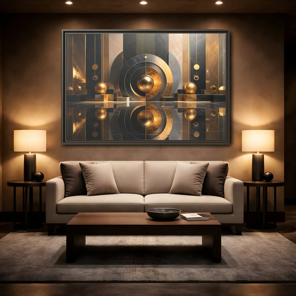 Mockup 2. Abstract Golden Spheres Black And Gold shown as stretched canvas wall art