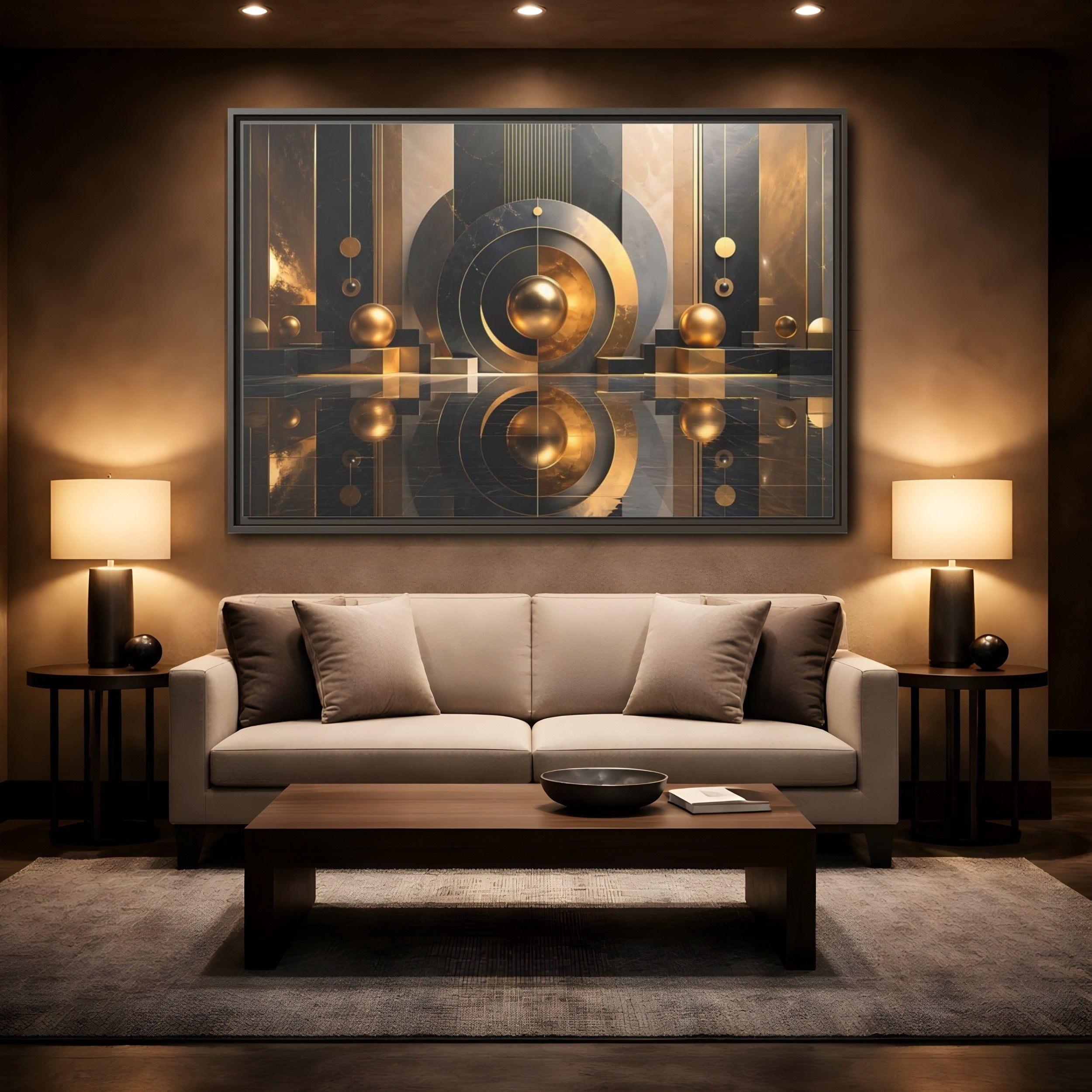 Mockup 2. Abstract Golden Spheres Black And Gold shown as stretched canvas wall art