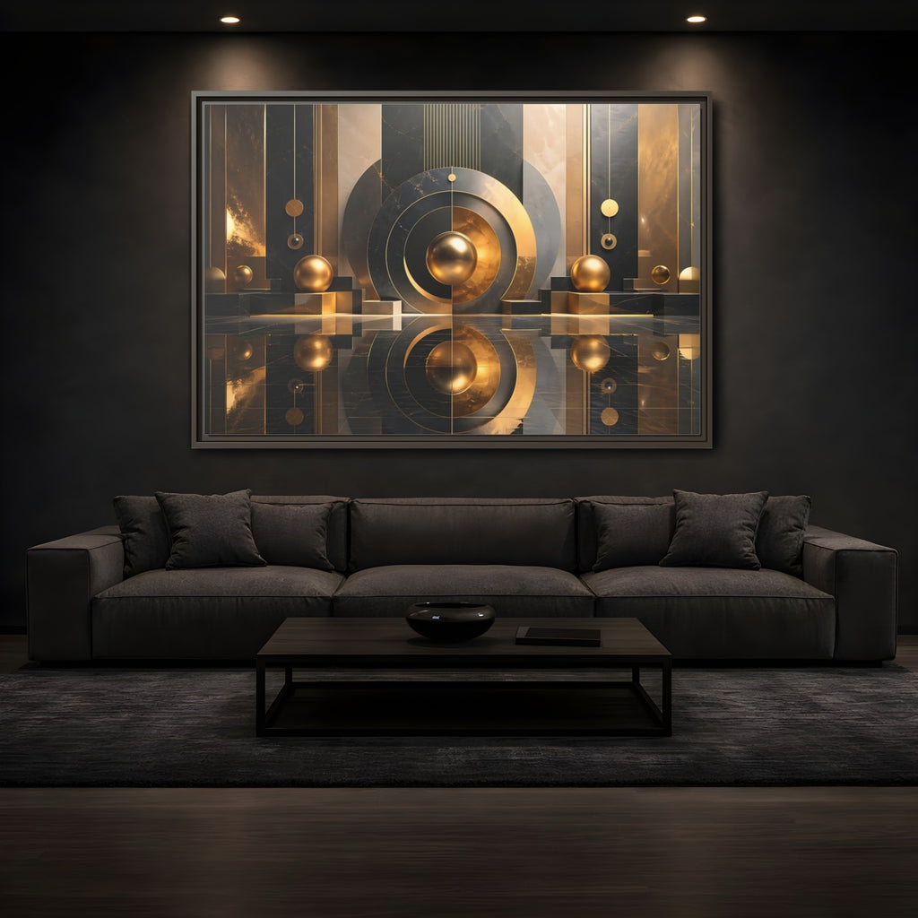 Mockup 3. Abstract Golden Spheres Black And Gold shown as stretched canvas wall art