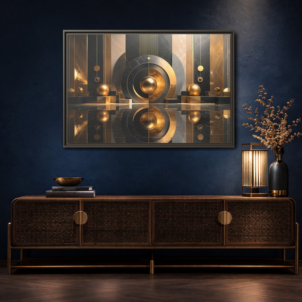 Mockup 4. Abstract Golden Spheres Black And Gold shown as stretched canvas wall art
