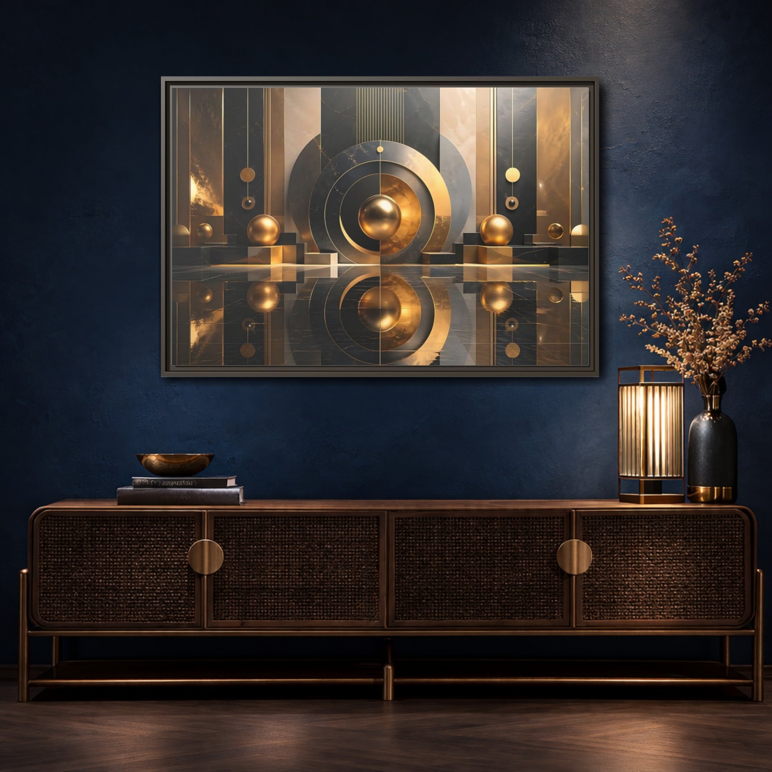 Mockup 4. Abstract Golden Spheres Black And Gold shown as stretched canvas wall art
